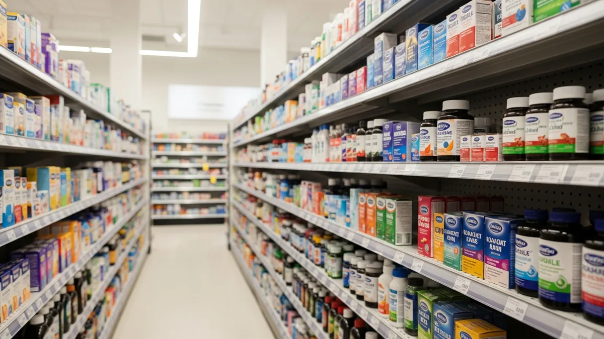 Neatly stocked over-the-counter pharmacy aisle
