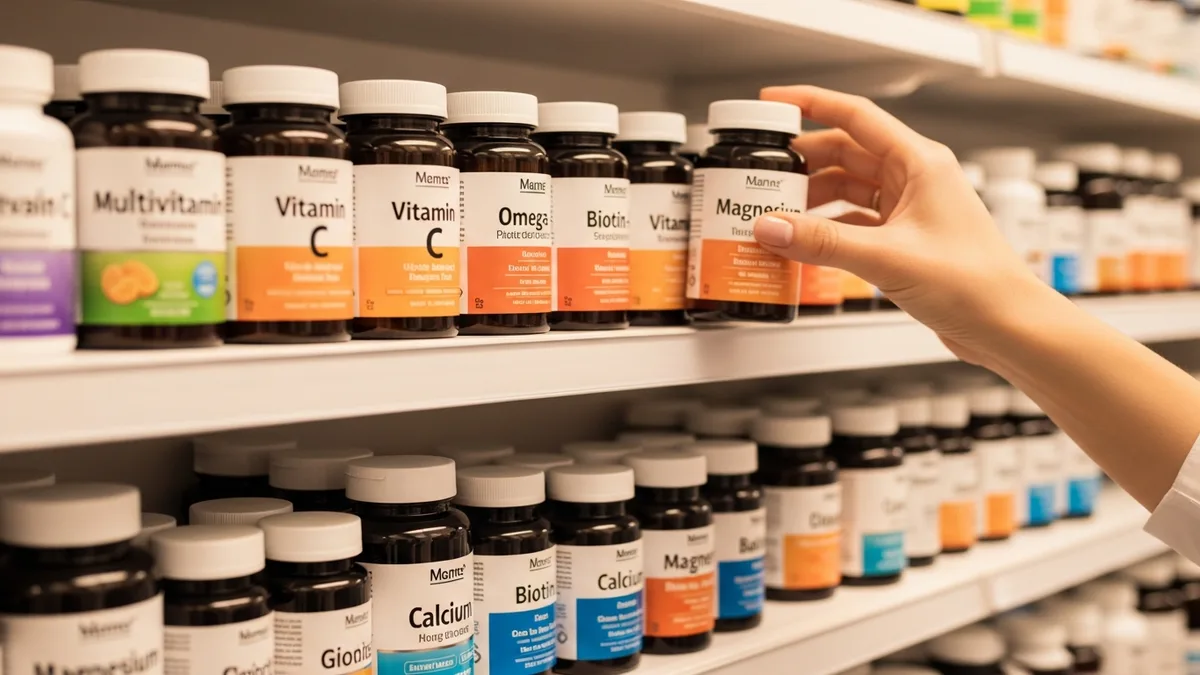 Vitamin and supplement bottles arranged on a pharmacy shelf